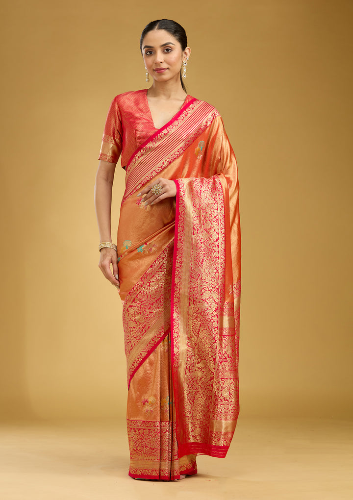 Rust Silk Jaal Zariwork Saree With Matching Blouse Piece