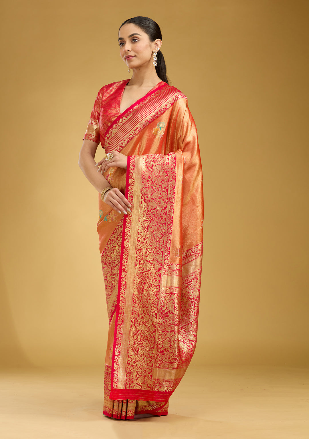Rust Silk Jaal Zariwork Saree With Matching Blouse Piece
