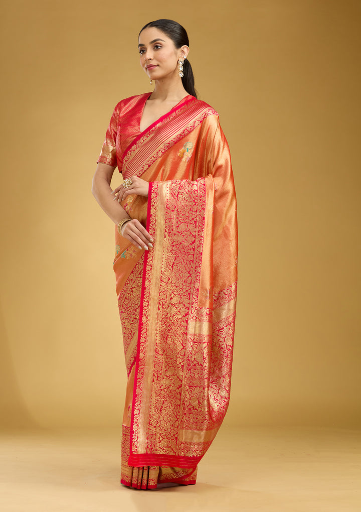Rust Silk Jaal Zariwork Saree With Matching Blouse Piece