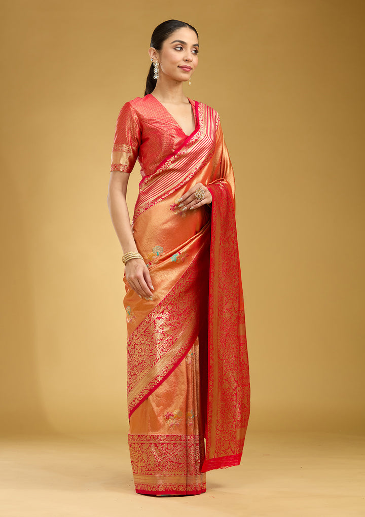 Rust Silk Jaal Zariwork Saree With Matching Blouse Piece