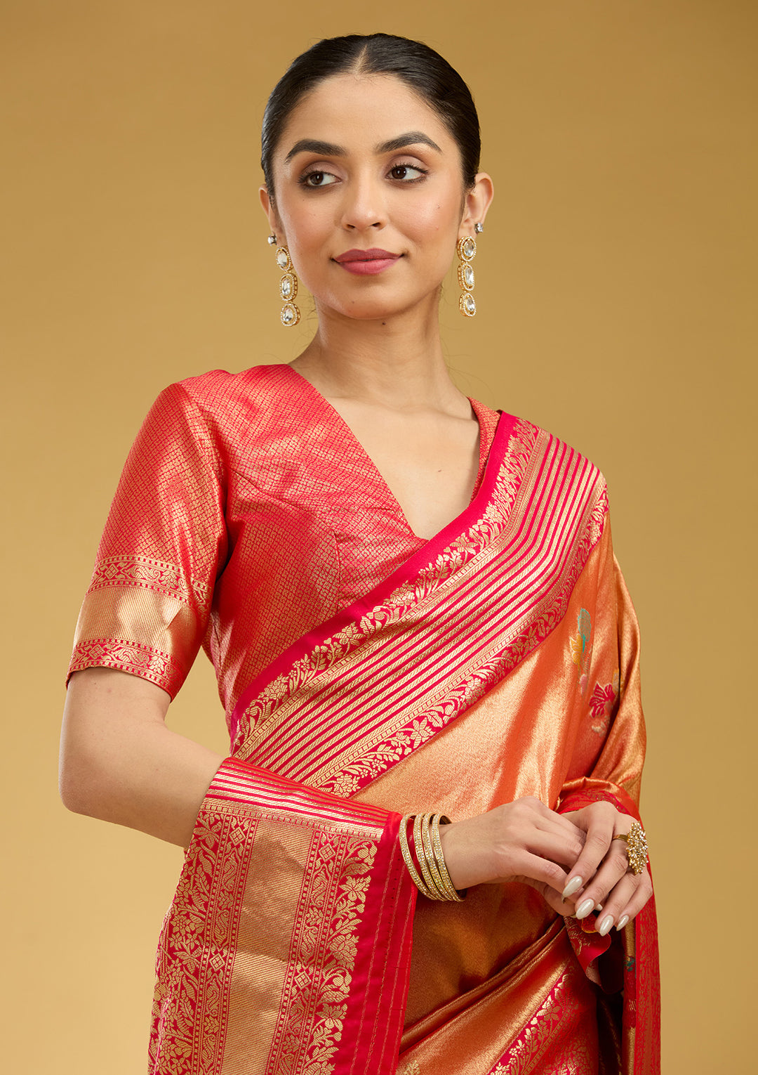 Rust Silk Jaal Zariwork Saree With Matching Blouse Piece