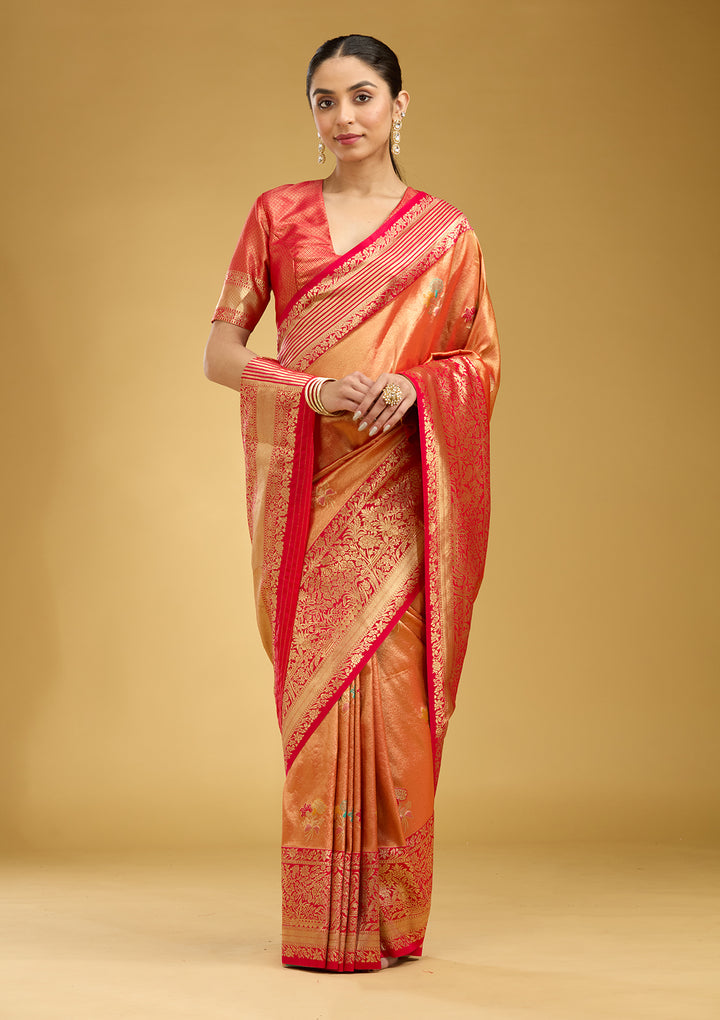 Rust Silk Jaal Zariwork Saree With Matching Blouse Piece