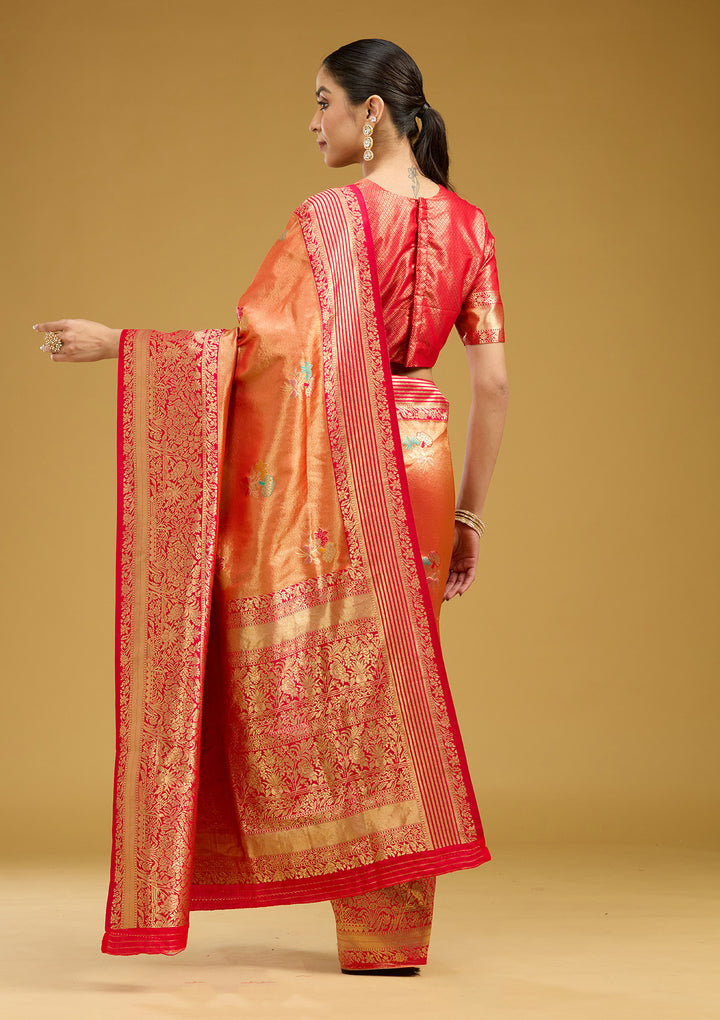 Rust Silk Jaal Zariwork Saree With Matching Blouse Piece