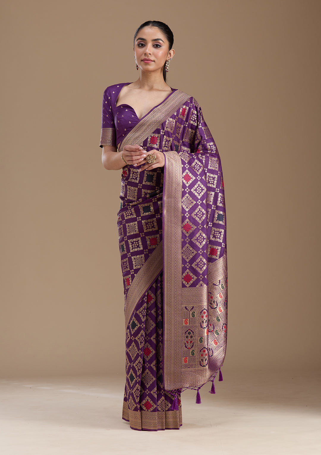 Violet Silk Jaal Zariwork Saree With Matching Blouse Piece