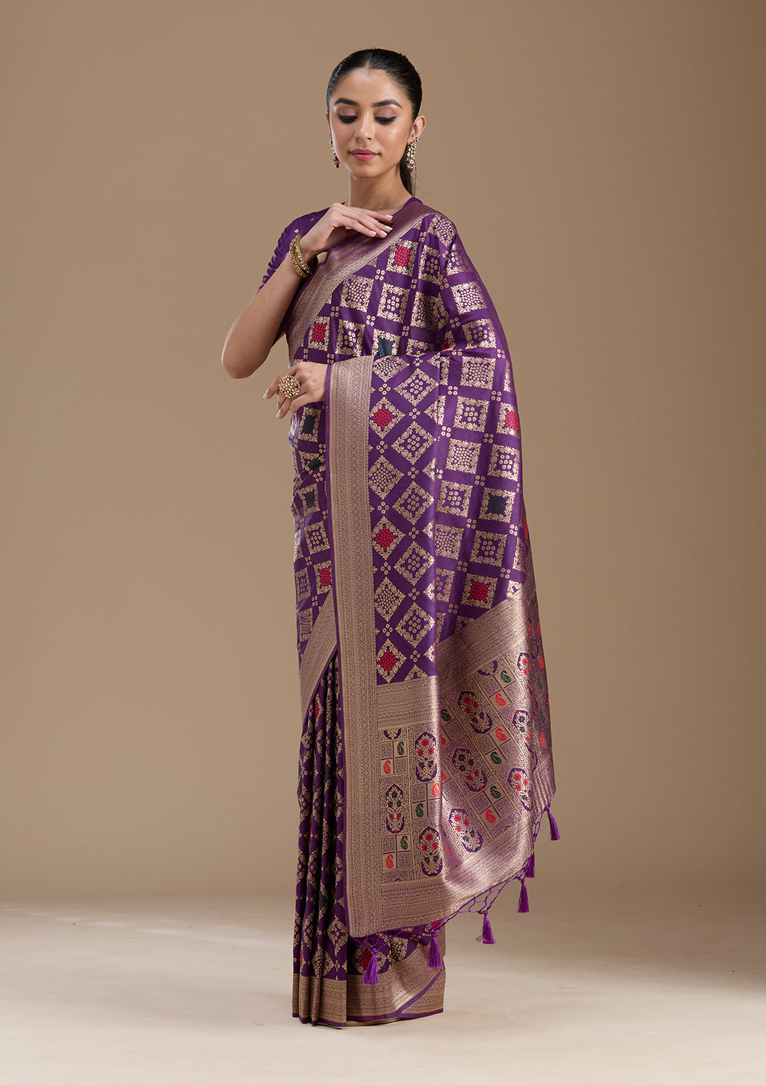 Violet Silk Jaal Zariwork Saree With Matching Blouse Piece