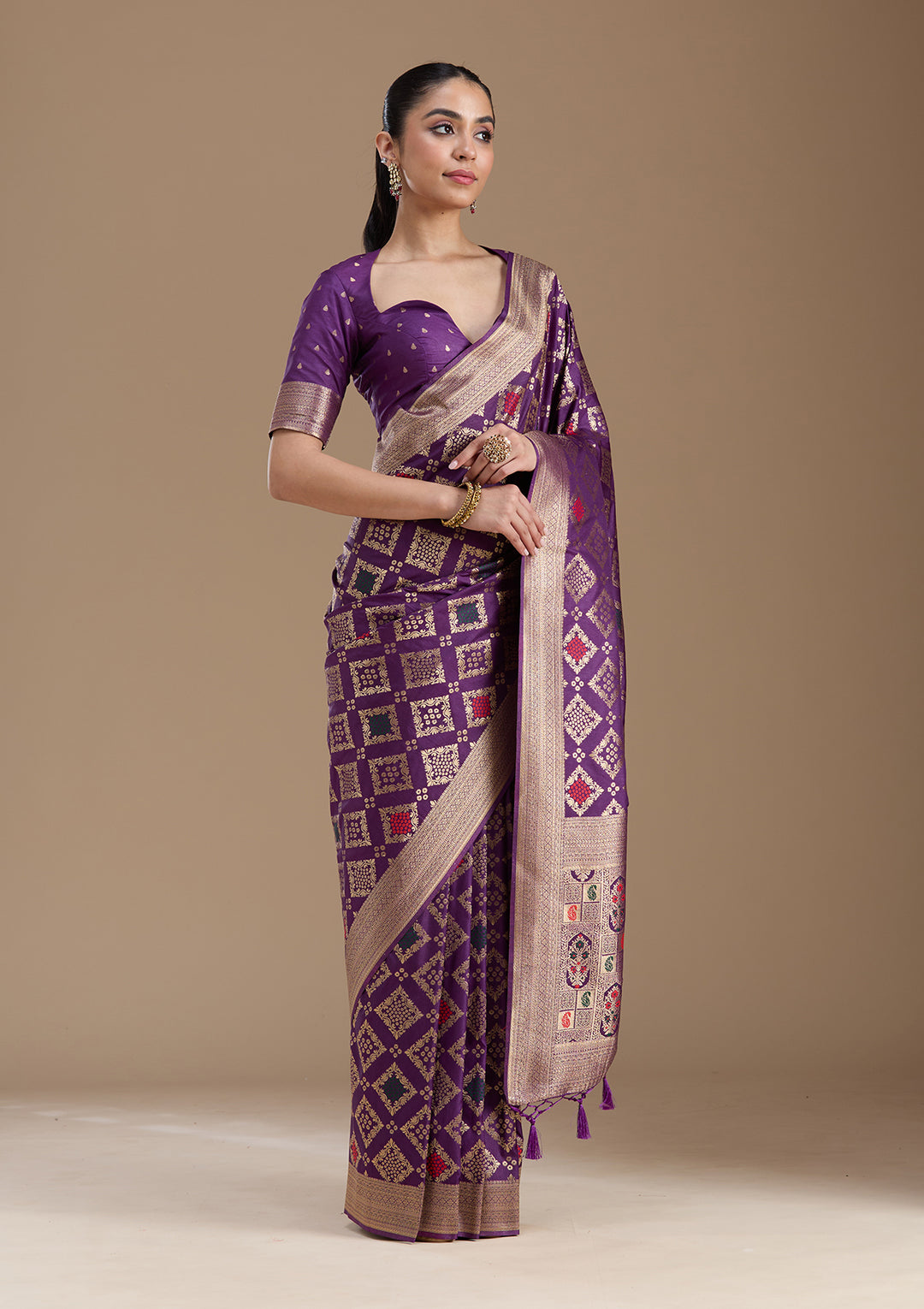 Violet Silk Jaal Zariwork Saree With Matching Blouse Piece