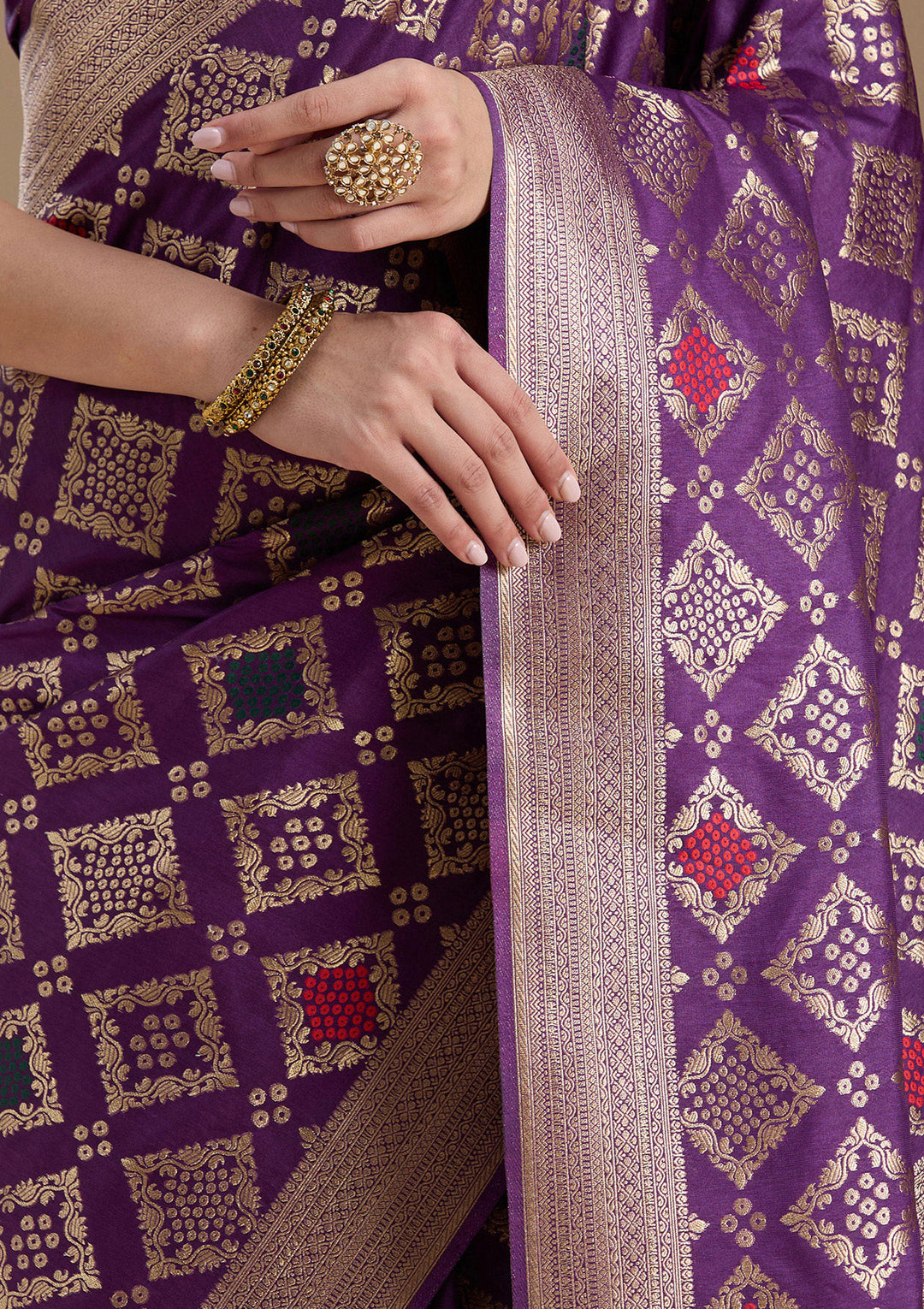 Violet Silk Jaal Zariwork Saree With Matching Blouse Piece