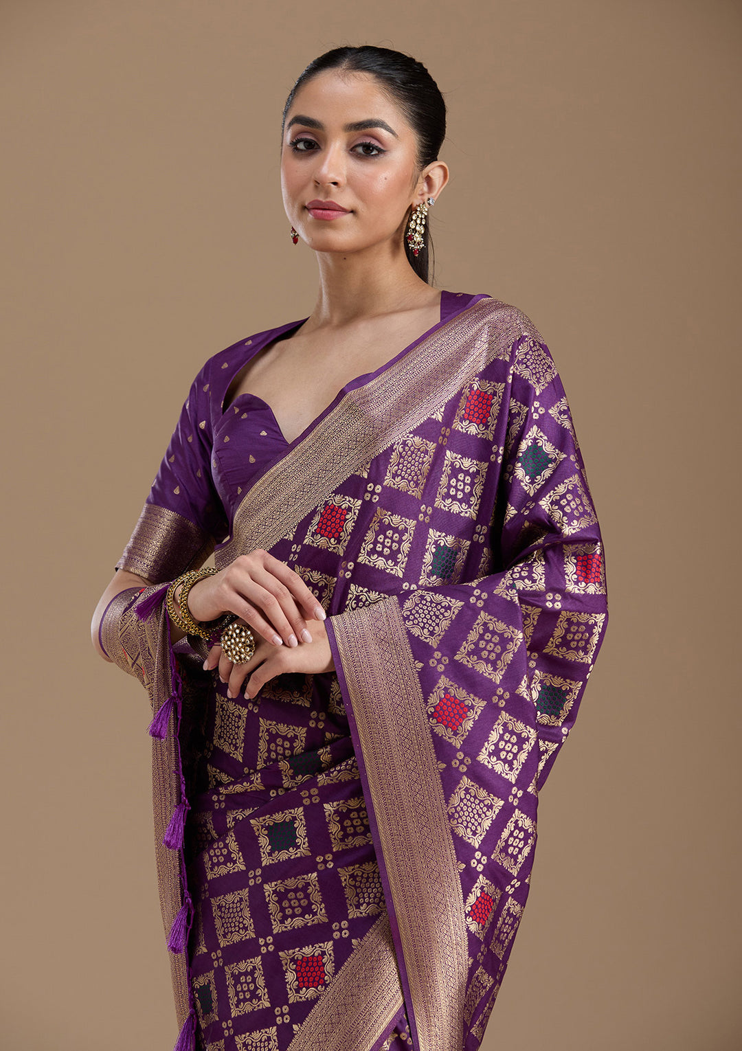 Violet Silk Jaal Zariwork Saree With Matching Blouse Piece