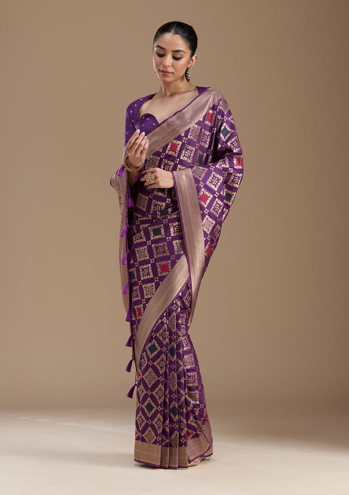 Violet Silk Jaal Zariwork Saree With Matching Blouse Piece