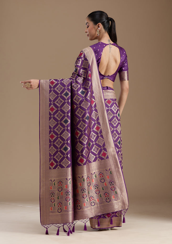 Violet Silk Jaal Zariwork Saree With Matching Blouse Piece