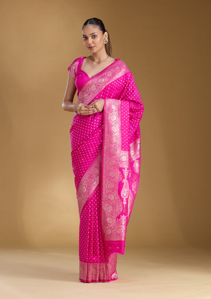 Magenta Pink Silk Buti Zariwork Saree With Matching Blouse Piece
