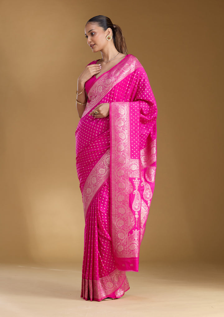 Magenta Pink Silk Buti Zariwork Saree With Matching Blouse Piece