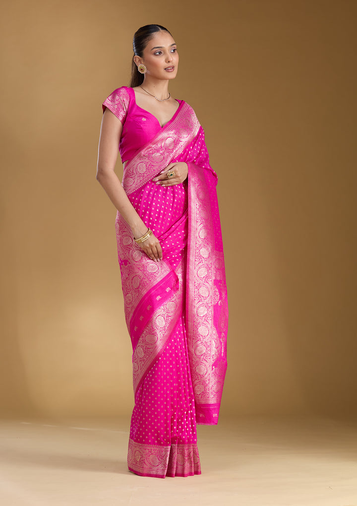 Magenta Pink Silk Buti Zariwork Saree With Matching Blouse Piece
