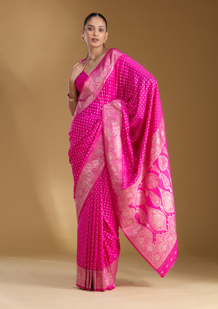 Magenta Pink Silk Buti Zariwork Saree With Matching Blouse Piece