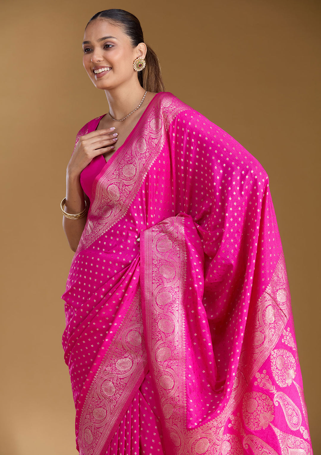 Magenta Pink Silk Buti Zariwork Saree With Matching Blouse Piece