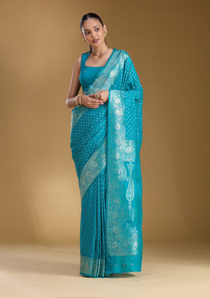 Peacock Blue Silk Buti Zariwork Saree With Matching Blouse Piece