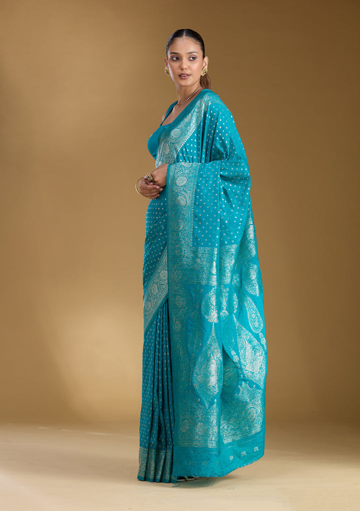 Peacock Blue Silk Buti Zariwork Saree With Matching Blouse Piece