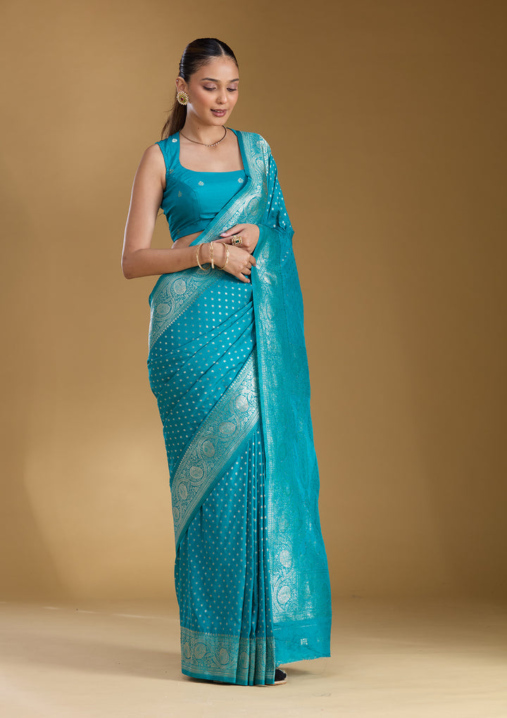Peacock Blue Silk Buti Zariwork Saree With Matching Blouse Piece