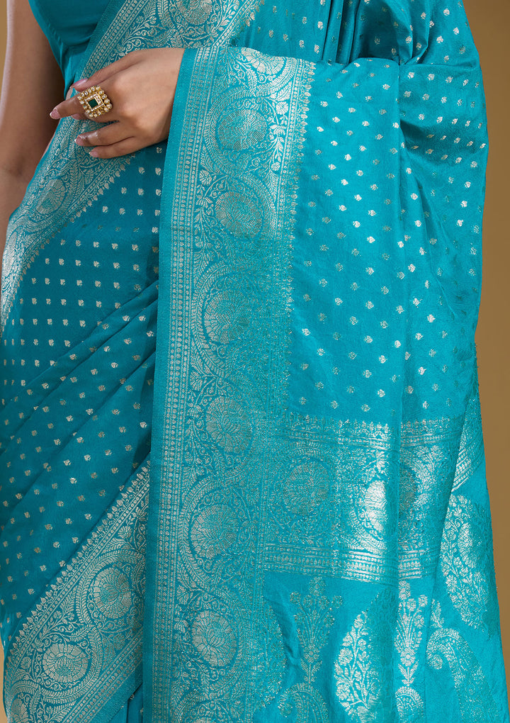 Peacock Blue Silk Buti Zariwork Saree With Matching Blouse Piece