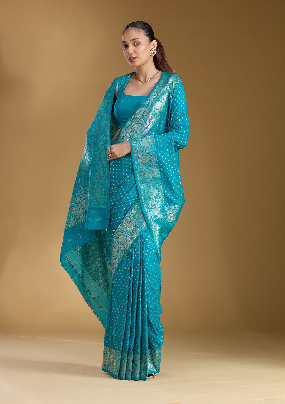 Peacock Blue Silk Buti Zariwork Saree With Matching Blouse Piece