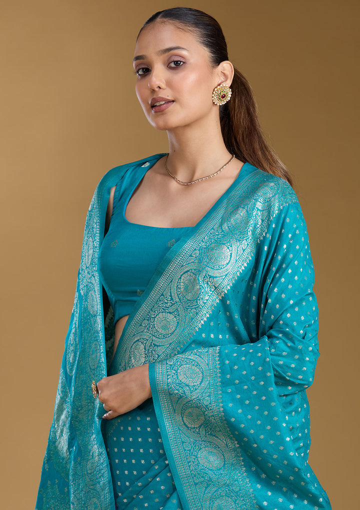 Peacock Blue Silk Buti Zariwork Saree With Matching Blouse Piece