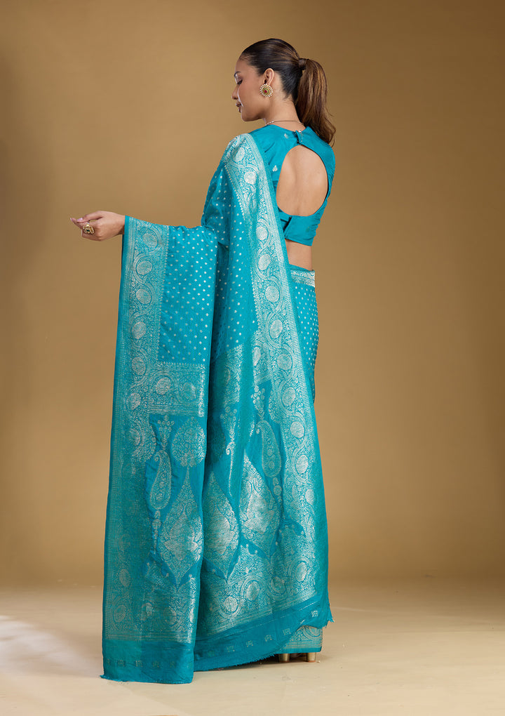 Peacock Blue Silk Buti Zariwork Saree With Matching Blouse Piece