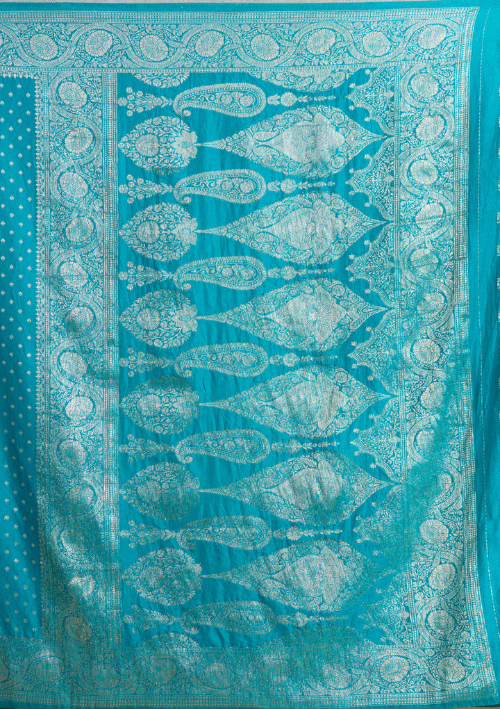 Peacock Blue Silk Buti Zariwork Saree With Matching Blouse Piece