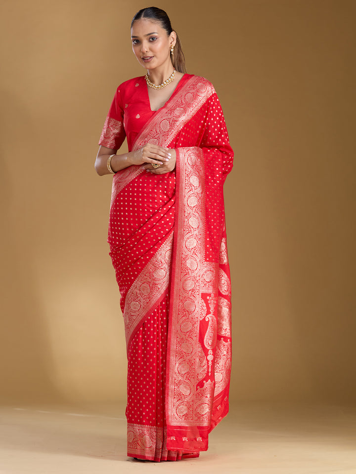 Red Silk Buti Zariwork Saree With Matching Blouse Piece