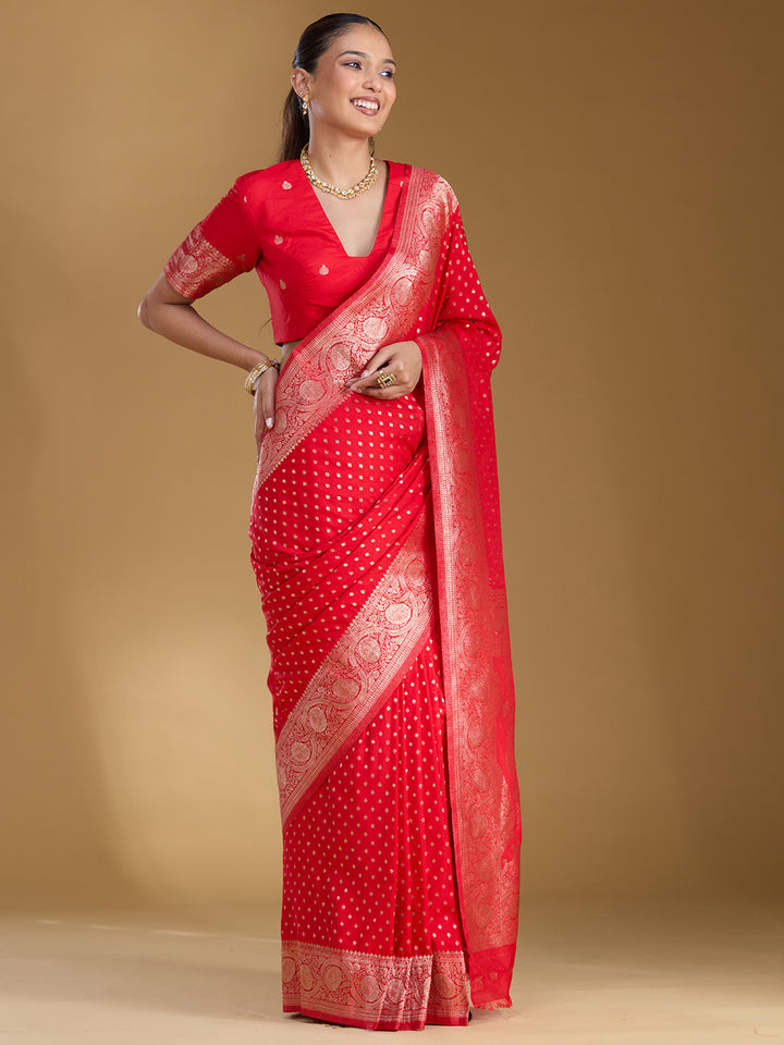 Red Silk Buti Zariwork Saree With Matching Blouse Piece
