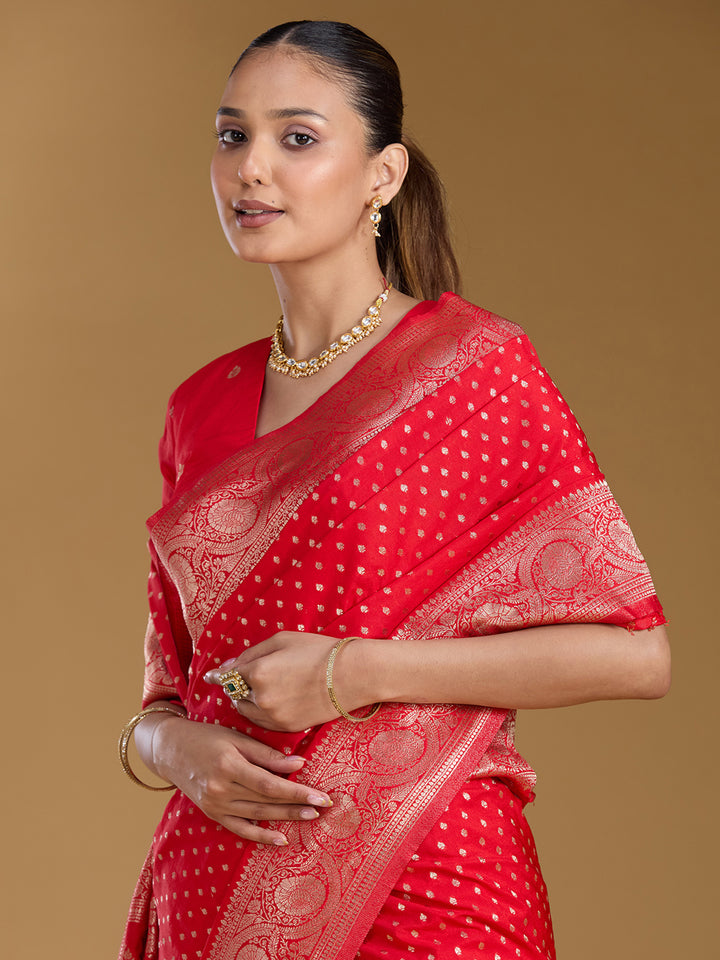 Red Silk Buti Zariwork Saree With Matching Blouse Piece