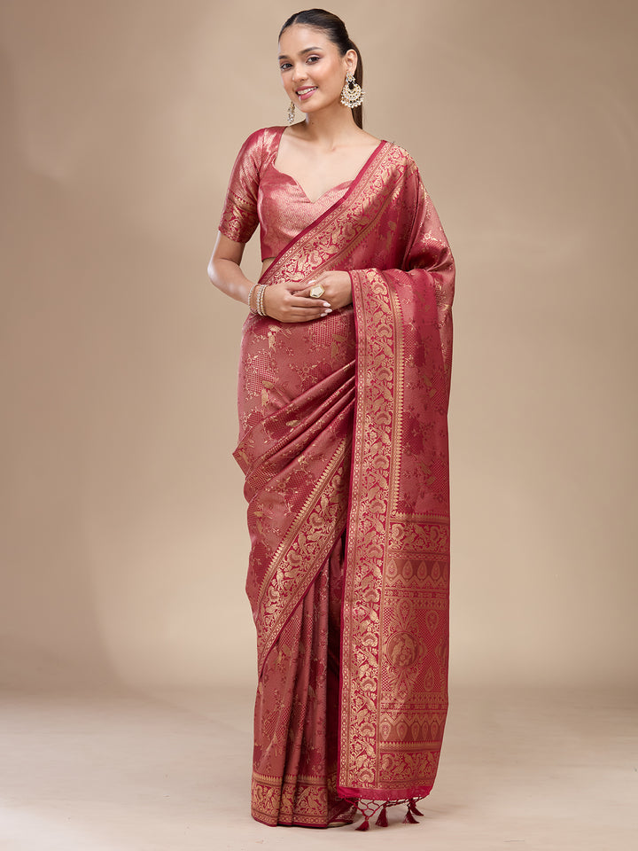 Maroon Silk Jaal Zariwork Saree With Matching Blouse Piece