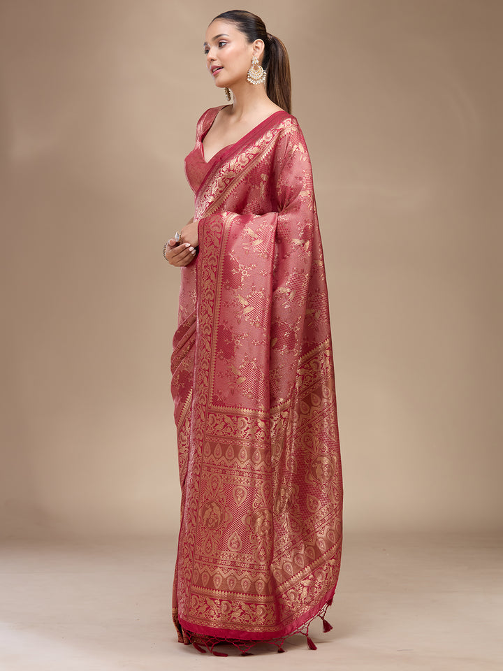 Maroon Silk Jaal Zariwork Saree With Matching Blouse Piece