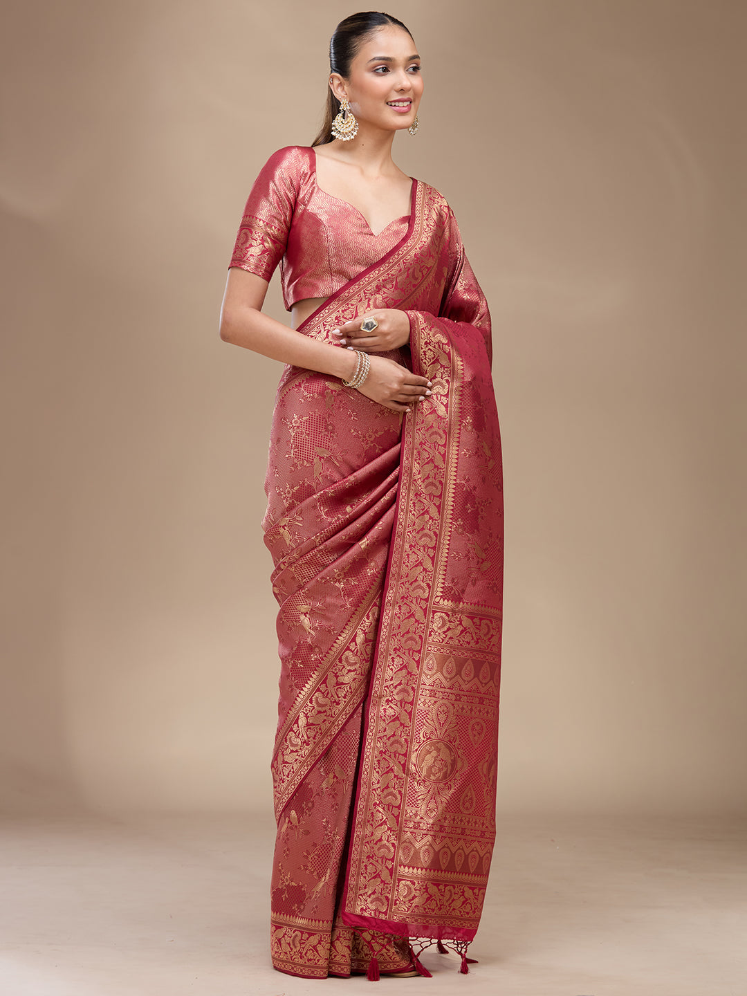 Maroon Silk Jaal Zariwork Saree With Matching Blouse Piece