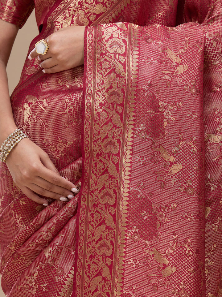 Maroon Silk Jaal Zariwork Saree With Matching Blouse Piece