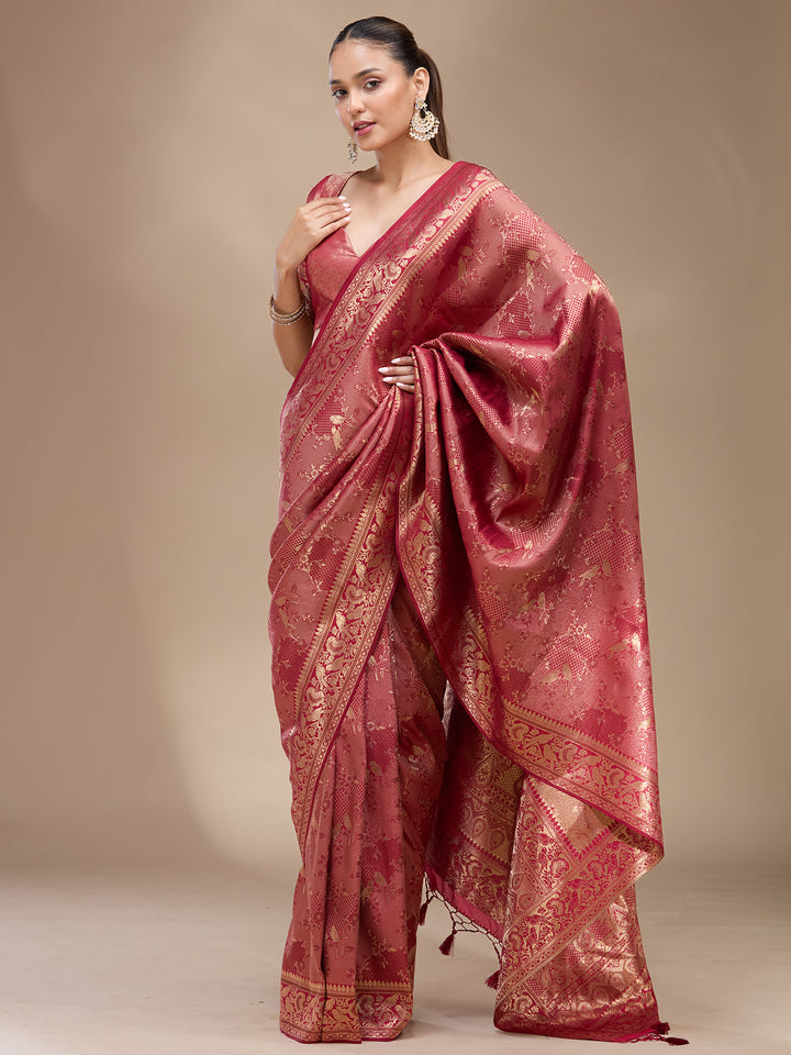 Maroon Silk Jaal Zariwork Saree With Matching Blouse Piece