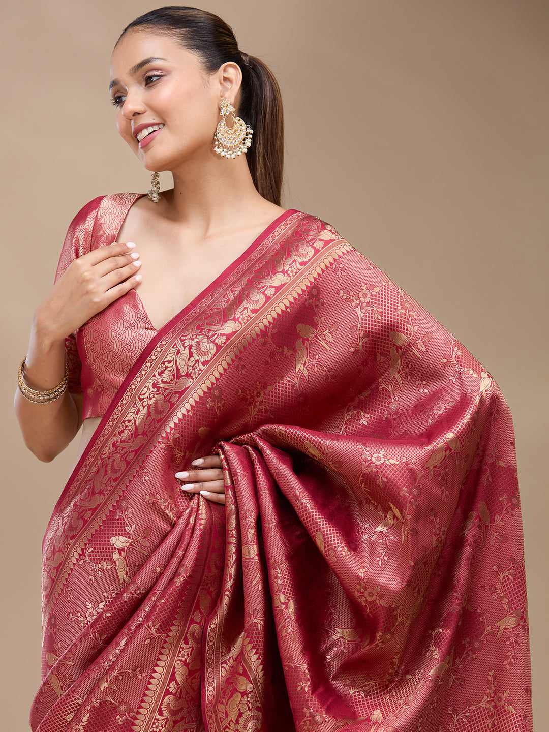 Maroon Silk Jaal Zariwork Saree With Matching Blouse Piece