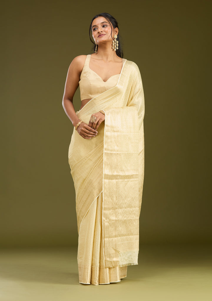 Cream Silk Jaal Zariwork Saree With Matching Blouse Piece
