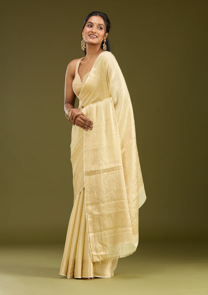 Cream Silk Jaal Zariwork Saree With Matching Blouse Piece