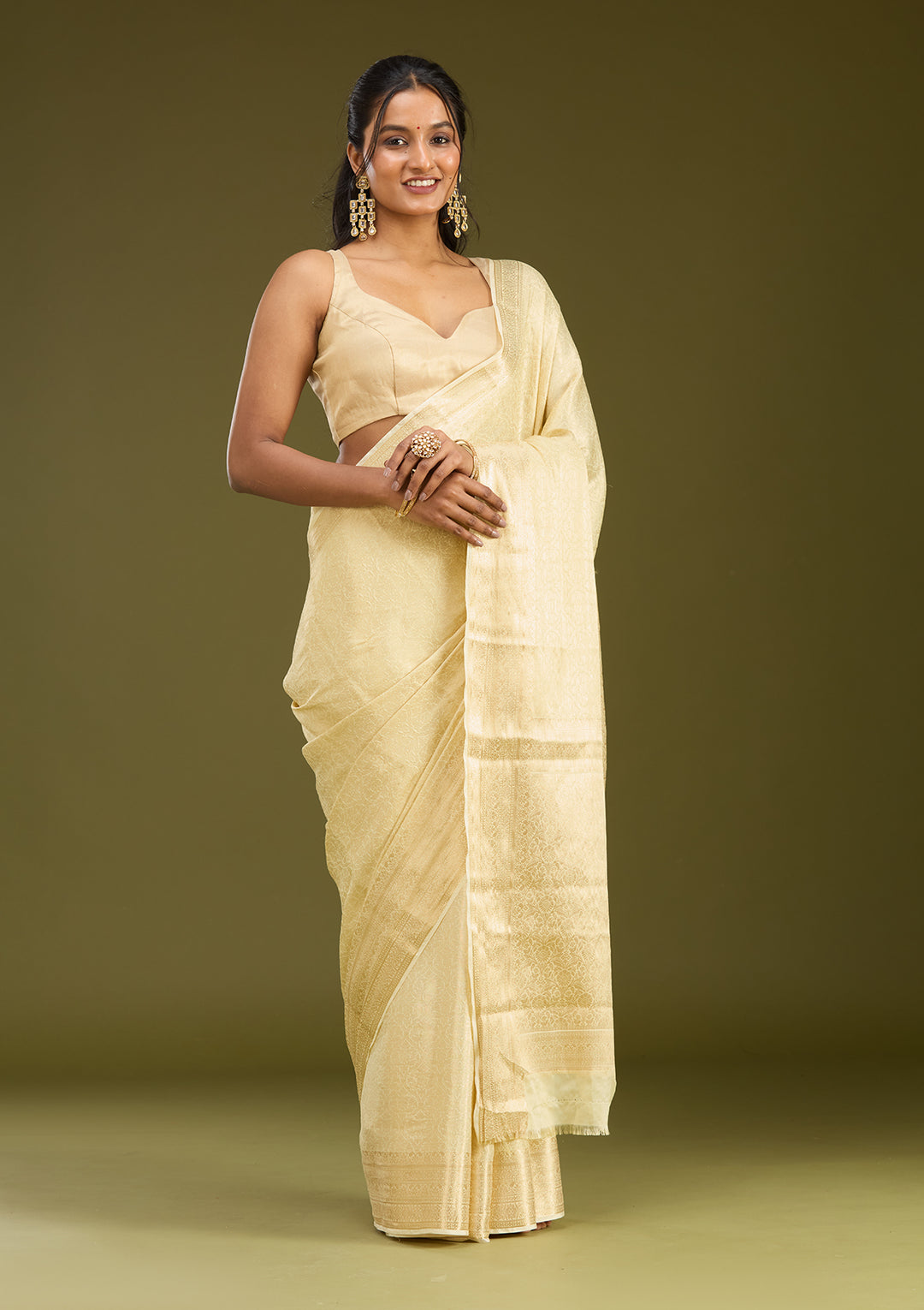 Cream Silk Jaal Zariwork Saree With Matching Blouse Piece
