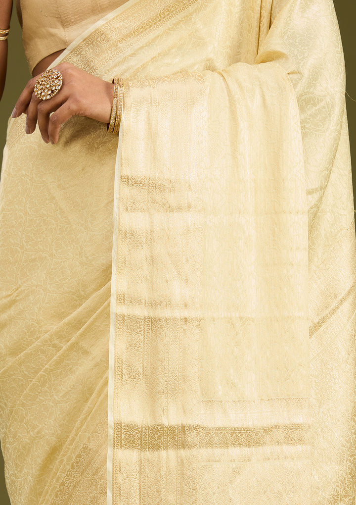 Cream Silk Jaal Zariwork Saree With Matching Blouse Piece