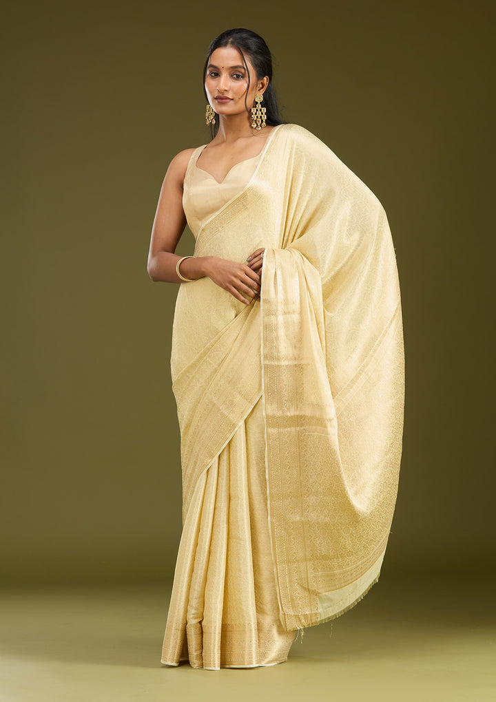 Cream Silk Jaal Zariwork Saree With Matching Blouse Piece