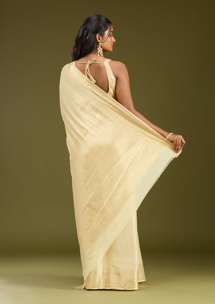 Cream Silk Jaal Zariwork Saree With Matching Blouse Piece