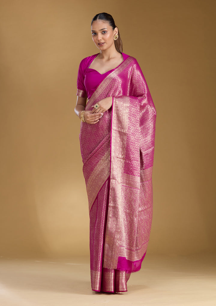 Magenta Pink Silk Jaal Zariwork Saree With Matching Blouse Piece