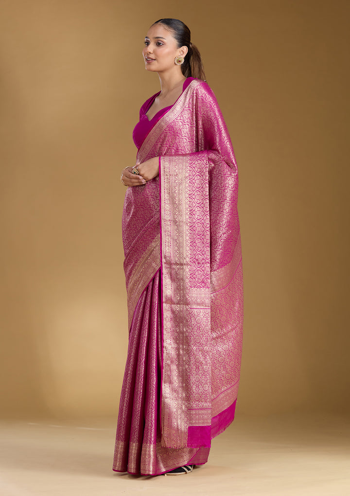 Magenta Pink Silk Jaal Zariwork Saree With Matching Blouse Piece