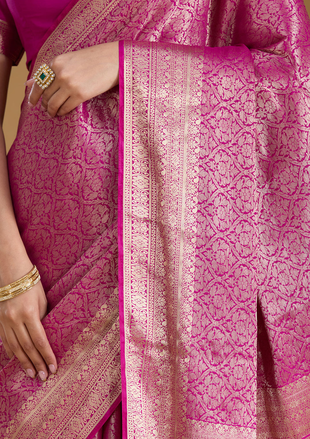 Magenta Pink Silk Jaal Zariwork Saree With Matching Blouse Piece