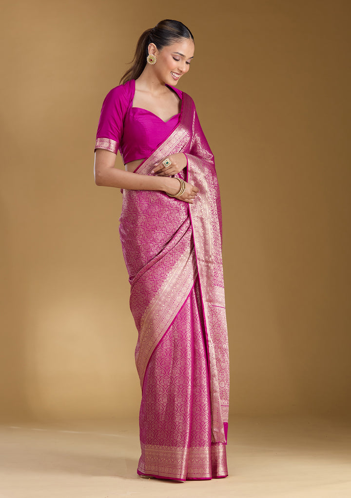 Magenta Pink Silk Jaal Zariwork Saree With Matching Blouse Piece