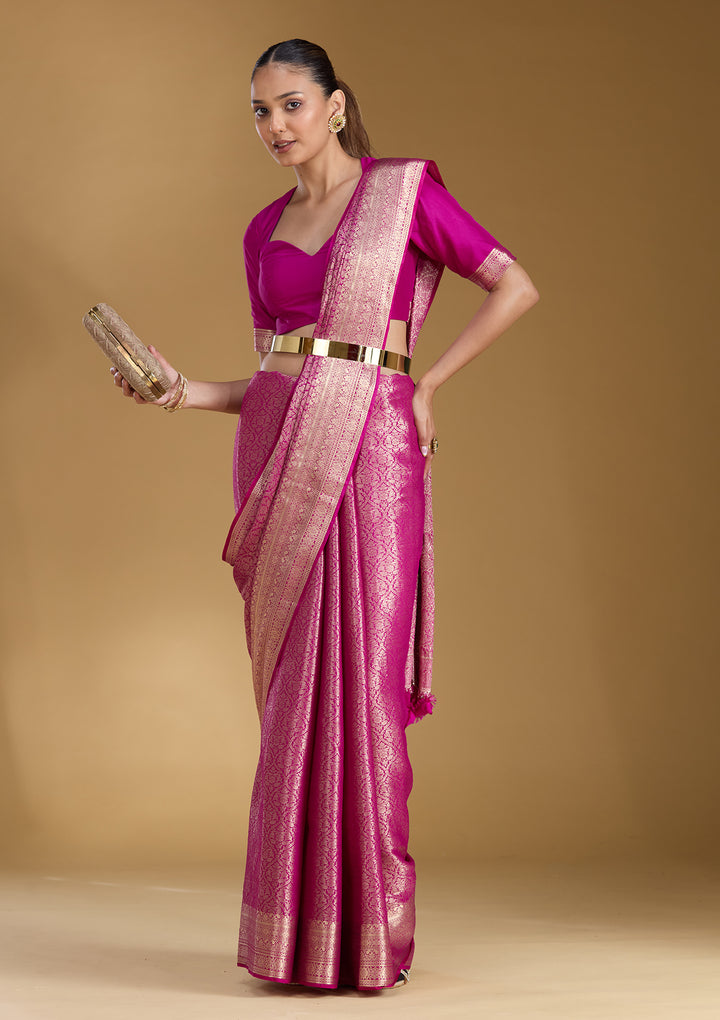 Magenta Pink Silk Jaal Zariwork Saree With Matching Blouse Piece