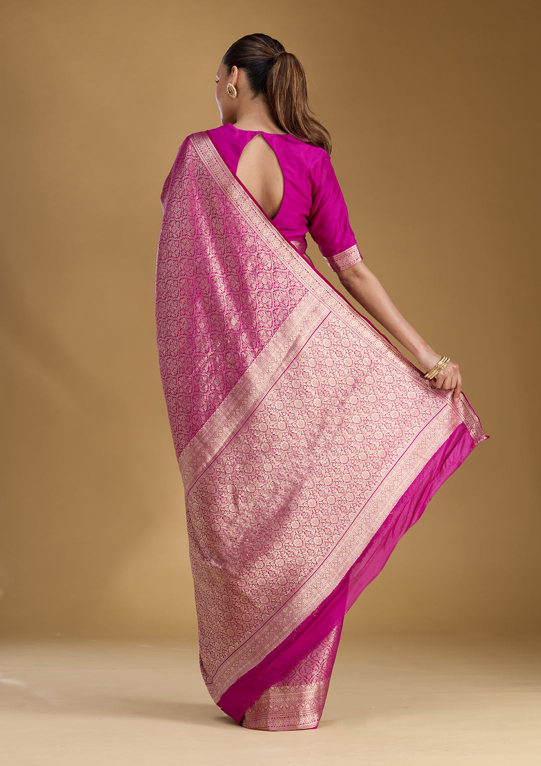Magenta Pink Silk Jaal Zariwork Saree With Matching Blouse Piece