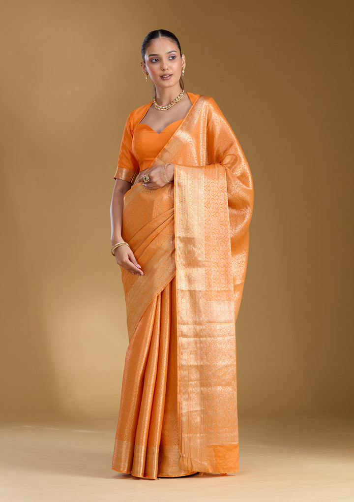 Orange Silk Jaal Zariwork Saree With Matching Blouse Piece
