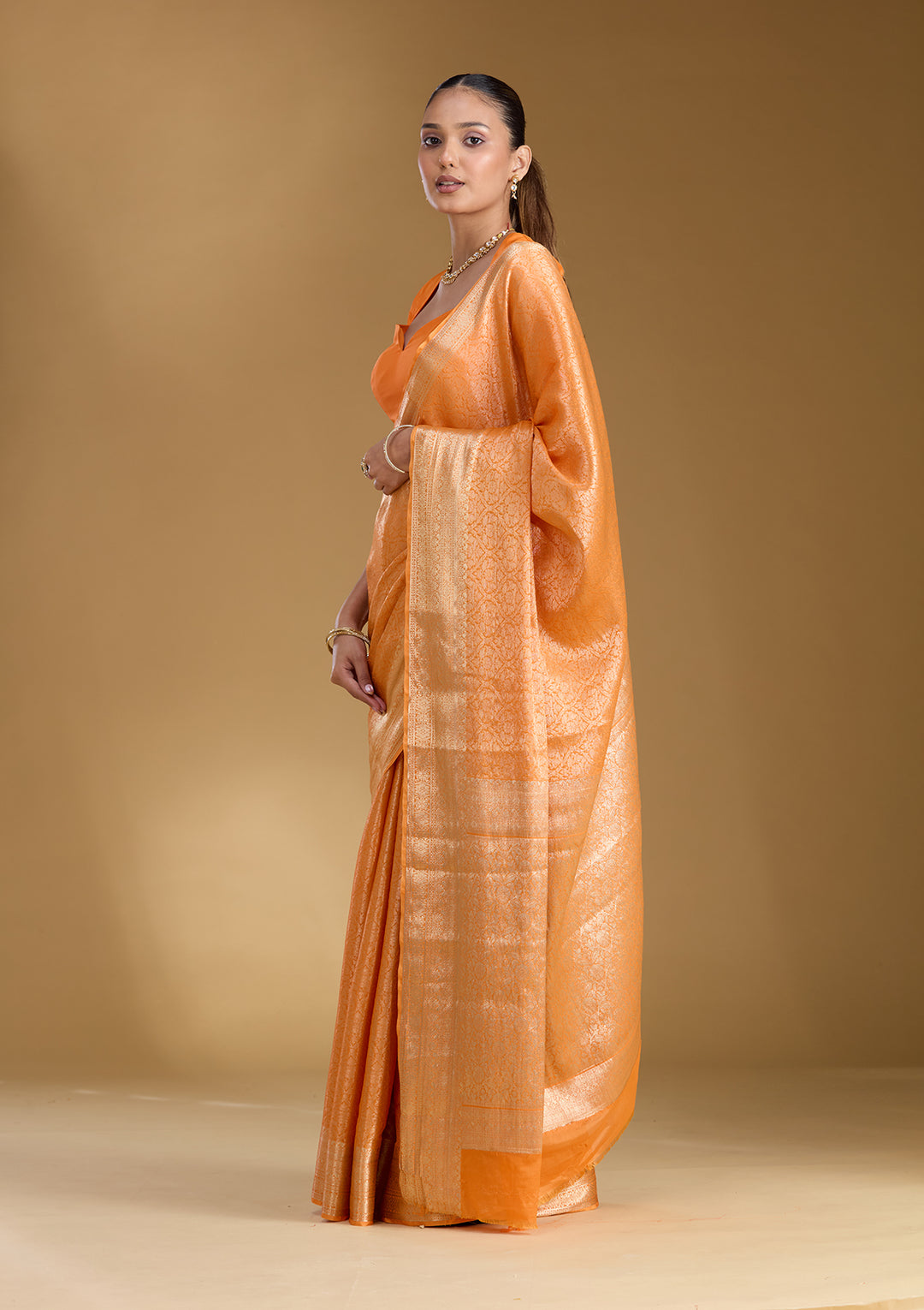 Orange Silk Jaal Zariwork Saree With Matching Blouse Piece